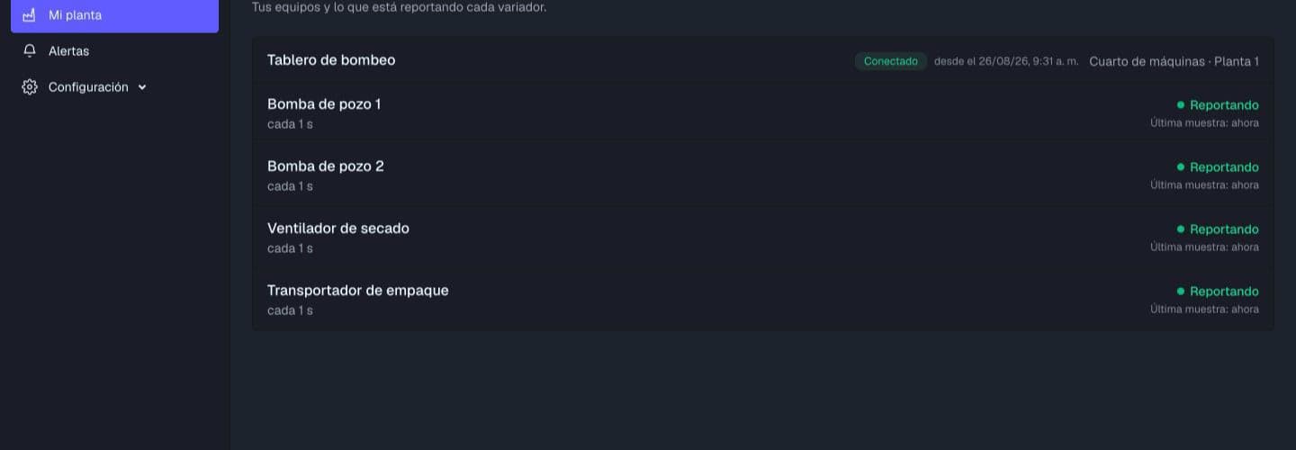 Listado de la planta con cada variador y su estado de reporte